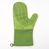 This colorful silicone oven mitt can be used for left or right handers. It also protects your wrist and forearm. It has a ribbed design for flexibility and dexterity. It can withstand a 600 degree Fahrenheit heat, flame and steam. The quilted fabric liner further insulates and prevents sweating and is easy to store or hang using the silicone loop or embedded magnet.