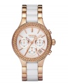 Treat yourself like a queen with the brilliant shine of this rosy watch by DKNY. Polished rose gold ion-plated stainless steel bracelet with center links of white ceramic and round case. Bezel embellished with crystal accents. White chronograph dial features rose gold tone stick indices, date window, three subdials, luminous hands and logo. Quartz movement. Water resistant to 50 meters. Two-year limited warranty.