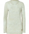 Stylish stripes are a perennial staple on our fashion agenda, and Burberrys long sleeve t-shirt lends the look a ready cool - Soft, lightweight cotton blend features a lightly faded pale green and khaki stripe motif - Long, lean cut hits below hips - Classic crew neck and long sleeves - Embroidered Burberry logo at hem - Casually chic, perfect for pairing with skinny denim, cigarette pants and leather leggings