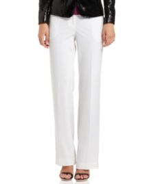 Calvin Klein's latest trousers are superlative chic with a straight-leg fit and ponte-knit fabrication in a stylish winter-white hue. Calvin Klein's latest trousers are superlative chic with a straight-leg fit and ponte-knit fabrication in a stylish winter-white hue.