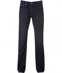Stylish pant in fine wale indigo corduroy - Modern slim cut - Light whisker detail - Traditional five pocket style with button closure and belt loops - Pair with t-shirts or denim button downs and trainers - Inseam: 33.5 Front rise: 10.2 - Back rise: 15 - Width of legs: 7.9 - Measured in size 32 Material: 100%Cotton Stylish pant in fine wale indigo corduroy - Modern slim cut - Light whisker detail - Traditional five pocket style with button closure and belt loops - Pair with t-shirts or denim button downs and trainers - Inseam: 33.5 Front rise: 10.2 - Back rise: 15 - Width of legs: 7.9 - Measured in size 32 Material: 100%Cotton