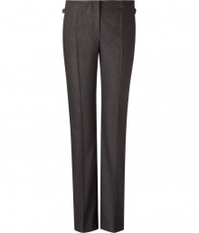 Luxurious pants in fine, grey wool stretch - New straight silhouette with a short waistband - Figure-flattering creases - Wonderfully elegant and fashionable, yet simple -  Awesome 24/7 wear - Wear these pants with a blouse and cardigan in the office and in the evening with a chiffon blouse and biker jacket