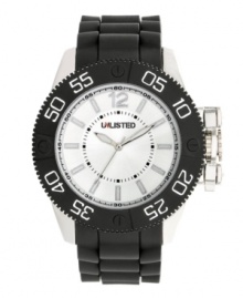Suit up and head out with this athletic watch by Unlisted on your arm. Black polyurethane strap and round silver tone mixed metal case. Black turning bezel with lugs and white numerals. White dial features numeral at twelve o'clock, stick indices, luminous hands and logo. Quartz movement. Splash resistant. Two-year limited warranty. Suit up and head out with this athletic watch by Unlisted on your arm. Black polyurethane strap and round silver tone mixed metal case. Black turning bezel with lugs and white numerals. White dial features numeral at twelve o'clock, stick indices, luminous hands and logo. Quartz movement. Splash resistant. Two-year limited warranty.