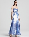 Opt for bold evening style in a paisley-print Aqua gown, cut in a strapless empire silhouette.