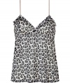 Whether youre looking to lounge in style or add some comfort to your evening look, this chic Philip Lim tank will up the style factor - V-neck, empire waist, ruffle trim, all-over print, adjustable straps, back hook and eye closure - Pair with a kimono and cashmere pants for at-home style or skinny jeans, a shawl neck cardigan, and booties for off-duty cool