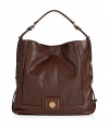 Classic bag designed in rich, dark brown leather is perfect for any fashionable fall wardrobe and beyond - Designed by Marc Jacobs in a spacious hobo shape with a short handle,  golden logo plaque, lock and buckle details - Great everyday bag for work or leisure