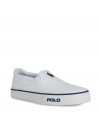 Stylish slip-on canvas sneakers from top U.S. label Polo Ralph Lauren - Trendy in all white with navy accent seams, polo player and text logo on front - Perfect companion to any casual outfit with jeans, shorts or chino
