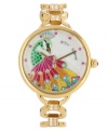 Birds of a feather flock to this gorgeous Betsey Johnson watch. Crafted of gold tone stainless steel bracelet with set crystal accents and round gold tone stainless steel case. White dial features multicolor crystal-accented peacock, pink crystal accent markers, gold tone hour and minute hands, signature fuchsia second hand and logo. Quartz movement. Water resistant to 30 meters. Two-year limited warranty.