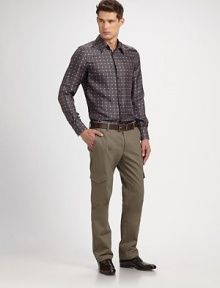 A sleek, modern update on the cargo pant tailored with a slim fit with flat-laying cargo pockets on the legs. Side slash, back pockets Flap cargo pockets Inseam, about 32 98% cotton/2% elastane Dry clean Imported A sleek, modern update on the cargo pant tailored with a slim fit with flat-laying cargo pockets on the legs. Side slash, back pockets Flap cargo pockets Inseam, about 32 98% cotton/2% elastane Dry clean Imported