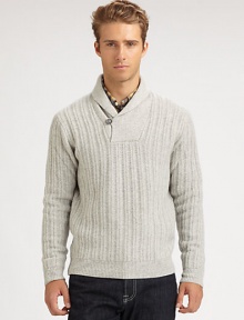 Single-button detail lends a signature finish to this pullover sweater, knitted in a luxurious, textured blend of wool and cashmere.Shawl collarSingle-button detailRibbed knit cuffs and hem90% wool/10% cashmereDry cleanMade in Italy
