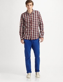 Crisp, cool cotton in a flawless, straight-leg fit makes this richly-hued chino an exciting complement to your off-duty wardrobe.Flat-front styleSide slash, back welt pocketsInseam, about 34CottonMachine washImported Crisp, cool cotton in a flawless, straight-leg fit makes this richly-hued chino an exciting complement to your off-duty wardrobe.Flat-front styleSide slash, back welt pocketsInseam, about 34CottonMachine washImported