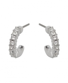 A hint of Swarovski sparkle adds just the right touch to your ensemble. 3/4 hoops feature sparkling clear crystals set in silver tone mixed metal. Approximate diameter: 1/2 inch. A hint of Swarovski sparkle adds just the right touch to your ensemble. 3/4 hoops feature sparkling clear crystals set in silver tone mixed metal. Approximate diameter: 1/2 inch.