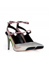 With their edgy pointed toe and modern mash-up of fabric and mixed leathers, Jil Sanders multicolored pumps lend a fashion-forward finish to any outfit - Pointed toe, slingback with pull, double buckled ankle straps, neon accented paneling across arch on sole, matte grey heel - Wear as an eye-catching finish to modern-minimalist looks