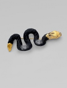A curvaceous snake of hand-sculpted, hand-painted Lucite, slithers along, accented with golden touches and the shimmer of Swarovski crystals.LuciteSwarovski crystalGoldtoneLength, about 4¾Bar backMade in USA A curvaceous snake of hand-sculpted, hand-painted Lucite, slithers along, accented with golden touches and the shimmer of Swarovski crystals.LuciteSwarovski crystalGoldtoneLength, about 4¾Bar backMade in USA
