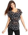 Comprised of lovely details -- from the feather-print to the banded waist -- this sheer top from Pink Rose totally highlights your feminine style.