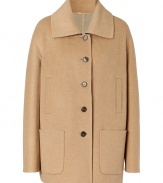 Sleek and sophisticated, Jil Sanders beige wool coat is a chic way to streamline your outerwear wardrobe - Oversized cutaway collar, buttoned front, front patch and slit pockets, flared silhouette - Lends a tailored finish to sharply cut trousers and flats