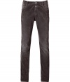 Stylish pants in fine grey cotton stretch blend - Ultra-fine wale corduroy - Slim, straight cut tapers at ankles - Lighter color through knees - Classic five-pocket styling with belt loops and button closure - A cool, comfortable basic that is truly versatile - Pair with pullovers, button downs and blazers and style with lace-up boots or oxfords