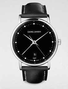 From the Koppel Collection. A classic timepiece based on the brand's philosophy to meld design and functionality. Quartz movementWater resistant to 3 ATMRound stainless steel case, 32mm (1.25)Smooth bezelBlack lacquer dialDot hour markersDate display at 6 o'clockSecond hand Secondary time handBlack calfskin leather strapMade in Switzerland From the Koppel Collection. A classic timepiece based on the brand's philosophy to meld design and functionality. Quartz movementWater resistant to 3 ATMRound stainless steel case, 32mm (1.25)Smooth bezelBlack lacquer dialDot hour markersDate display at 6 o'clockSecond hand Secondary time handBlack calfskin leather strapMade in Switzerland
