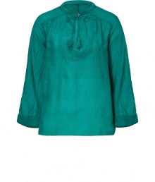 Bring bohemian flair to your daytime style with this lovely tunic top from Closed - Stand collar with two-button detail and tie, front V cut out, long flared sleeves, relaxed silhouette, asymmetrical hem - Wear with high-waisted skinnies, espadrille wedges, and a floppy hat Bring bohemian flair to your daytime style with this lovely tunic top from Closed - Stand collar with two-button detail and tie, front V cut out, long flared sleeves, relaxed silhouette, asymmetrical hem - Wear with high-waisted skinnies, espadrille wedges, and a floppy hat