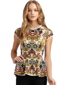 THE LOOKAllover intricate baroque printPleated peplumTHE FITAbout 25 form shoulder to hemTHE MATERIALViscose/nylonCARE & ORIGINHand washImportedModel shown is 5'8 (172½cm) wearing US size Small. THE LOOKAllover intricate baroque printPleated peplumTHE FITAbout 25 form shoulder to hemTHE MATERIALViscose/nylonCARE & ORIGINHand washImportedModel shown is 5'8 (172½cm) wearing US size Small.