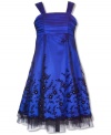 Delightful flocked border dress by Rare Editions with floral lace and jewel embroidery on skirt.