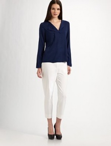 Elegantly simple, in lustrous stretch silk with a double wing collar and pleat on one side for a modern edge.V neckline with wing collar, double on one sideLong straight sleevesAngled pleat on one sideHidden placket closureAbout 24 from shoulder to hem92% silk/8% elastaneDry cleanImported Model shown is 5'9½ (176cm) wearing US size Small. Elegantly simple, in lustrous stretch silk with a double wing collar and pleat on one side for a modern edge.V neckline with wing collar, double on one sideLong straight sleevesAngled pleat on one sideHidden placket closureAbout 24 from shoulder to hem92% silk/8% elastaneDry cleanImported Model shown is 5'9½ (176cm) wearing US size Small.