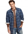 Get tough. Plaid flannel adds extra ruggedness to your utility look with this sherpa-lined Club Room shirt.