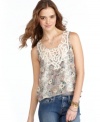 Flowers and lace expertly unite on a top from American Rag that's trend-right and perfectly pretty! Don it with your most flattering jeans for a cropped look that wins all!