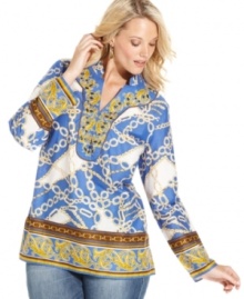 Make a striking statement with Charter Club's plus size tunic top, flaunting a luxe scarf print. Make a striking statement with Charter Club's plus size tunic top, flaunting a luxe scarf print.