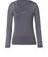 Stylish long sleeve t-shirt in slate cotton cashmere blend - Wide, double layer scoop neckline - Feminine fit, hits at hip - Super-soft wardrobe go-to - Wear solo or pair with a cardigan or denim jacket