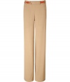 Gorgeous pants in beige viscose - Thin belt with red detail adds interest with a modern take on a classic trouser - Side pockets with decorative lines - Wide, flared leg - Style with elegant heels, loose, silk top, and chunky bangles