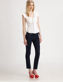 Soft ruching and delicate pleats imbue this light cotton topper with easy feminine charm.Pleated tie-front necklineRuffled trim at shouldersButton-down placketRuched bodiceShirttail hemAbout 22 from shoulder to hem98% cotton/2% spandexDry cleanMade in USA of imported fabricModel shown is 5'10 (177cm) wearing US size 4. Soft ruching and delicate pleats imbue this light cotton topper with easy feminine charm.Pleated tie-front necklineRuffled trim at shouldersButton-down placketRuched bodiceShirttail hemAbout 22 from shoulder to hem98% cotton/2% spandexDry cleanMade in USA of imported fabricModel shown is 5'10 (177cm) wearing US size 4.