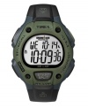 From kickball to triathlons, the digital Ironman watch by Timex performs at all levels. Black resin strap and round military green resin case. Positive display digital dial features time, day, date, chronograph, alarm, timer and 30-lap memory. Quartz movement. Water resistant to 100 meters. One-year limited warranty.