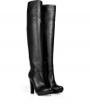 Bring striking style to your daytime or night looks with these luxe platform boots from Le Silla - Round toe, front platform, ultra-high chunky heel, side zip at ankle for easy on-and-off, knee-length, slightly textured leather - Wear with pleated wool shorts, ribbed tights, a cashmere pullover, and a cape