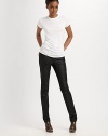 Glossy coated cotton adds a modern look to this slim fit style.THE FITSlim fit Medium rise, about 8 Inseam, about 34THE DETAILSZip fly with button closure Five pocket style 64% cotton/32% polyester/4% lycra Machine wash Made in the USA Additional Information Women's Premier Designer & Contemporary Size Guide 