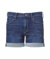Stylish shorts in cotton - nice washed dark blue, a dream of a wash - short, slim shape thats rolled-up - fits sexy, thanks to the stretch content, but pretty comfortable and flexible - a summer basic for hot days, goes with anything - nice with long shirts, blouses - locations to wear: vacations, beach, ice cream parlor - inside leg length: 10 cm (3.9) - leg width: 25 cm (9.8) (measured in size 27 6)
