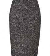 Channel the sultry librarian look in this super chic knit pencil skirt from Tara Jarmon - Fitted silhouette, multicolor textured knit, back slit, concealed back zip closure - Pair with a tie-neck blouse and heels