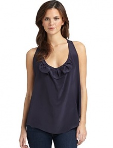 THE LOOKScoopneckRuffle detailSleevelessRacerbackTHE FITAbout 26 from shoulder to hemTHE MATERIALSilkCARE & ORIGINDry cleanMade in USAModel shown is 5'10 (177cm) wearing US size 4. THE LOOKScoopneckRuffle detailSleevelessRacerbackTHE FITAbout 26 from shoulder to hemTHE MATERIALSilkCARE & ORIGINDry cleanMade in USAModel shown is 5'10 (177cm) wearing US size 4.