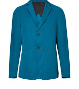 Exquisitely tailored with a flawless slim fit, Jil Sanders ocean blue blazer guarantees to give your look a seamlessly sophisticated edge - Notched lapel, long sleeves, buttoned cuffs, double-buttoned front, flap pockets, back vent - Contemporary slim fit - Wear with an immaculately cut shirt and matching slim fit trousers