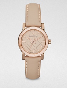 A warm timepiece with a iconic, check stamped dial and a luxurious leather strap. Quartz movementWater resistant to 5 ATMRound rose goldtone stainless steel case, 26mm (1)Smooth bezelNude check stamped dialBar hour markersSecond hand Nude leather strapMade in Switzerland A warm timepiece with a iconic, check stamped dial and a luxurious leather strap. Quartz movementWater resistant to 5 ATMRound rose goldtone stainless steel case, 26mm (1)Smooth bezelNude check stamped dialBar hour markersSecond hand Nude leather strapMade in Switzerland