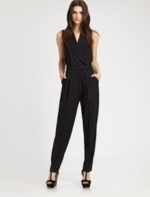 A stunning silhouette rendered in rich wool suiting with standout details like a sheer back panel, front pleats and flattering tapered legs.V-neckWrap frontSleevelessPull-on style with belted waistSide slash pocketsRise, about 9½Inseam, about 30About 64 from shoulder to hemFully linedWoolDry cleanImportedModel shown is 5'10 (177cm) wearing US size 4. A stunning silhouette rendered in rich wool suiting with standout details like a sheer back panel, front pleats and flattering tapered legs.V-neckWrap frontSleevelessPull-on style with belted waistSide slash pocketsRise, about 9½Inseam, about 30About 64 from shoulder to hemFully linedWoolDry cleanImportedModel shown is 5'10 (177cm) wearing US size 4.