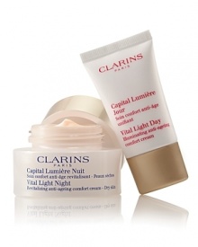 Age-Defying LuminosityClarins' exclusive pioneer plant extracts help defy dark spots, dullness and wrinkles for a smooth, unified skin tone. Visibly lifts, firms and restores the deep luminosity of young-looking skin. Full-Size Vital Light Night Revitalizing Anti-Ageing Cream Travel-Size Vital Light Day Illuminating Anti-Aging Cream Age-Defying LuminosityClarins' exclusive pioneer plant extracts help defy dark spots, dullness and wrinkles for a smooth, unified skin tone. Visibly lifts, firms and restores the deep luminosity of young-looking skin. Full-Size Vital Light Night Revitalizing Anti-Ageing Cream Travel-Size Vital Light Day Illuminating Anti-Aging Cream