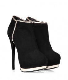 Ultra-sultry, these suede and metallic leather booties will add trend-right appeal to any look - Front platform with silver detail, rounded toe, side zip closure, silver leather trim, high stiletto heel - Pair with a figure-hugging cocktail frock, cropped trousers, or a pencil skirt Ultra-sultry, these suede and metallic leather booties will add trend-right appeal to any look - Front platform with silver detail, rounded toe, side zip closure, silver leather trim, high stiletto heel - Pair with a figure-hugging cocktail frock, cropped trousers, or a pencil skirt