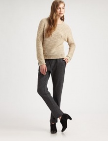 Relaxed wool pants in a high-waist silhouette, revived by leather trim and a unique button front. Button frontSlash pocketsSingle back besom pocketRise, about 11Inseam, about 27Wool with leather trimDry clean with leather specialistMade in USA of imported fabricModel shown is 5'11 (178cm) wearing US size 4. Relaxed wool pants in a high-waist silhouette, revived by leather trim and a unique button front. Button frontSlash pocketsSingle back besom pocketRise, about 11Inseam, about 27Wool with leather trimDry clean with leather specialistMade in USA of imported fabricModel shown is 5'11 (178cm) wearing US size 4.