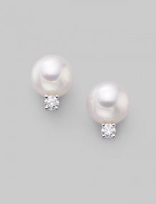 From the Akoya Collection. Classic white cultured pearl studs with sparkling diamond accents, set in 18k gold. 7mm white round cultured pearls Quality: A+ Diamonds, 0.10 tcw 18k white gold Post back Imported From the Akoya Collection. Classic white cultured pearl studs with sparkling diamond accents, set in 18k gold. 7mm white round cultured pearls Quality: A+ Diamonds, 0.10 tcw 18k white gold Post back Imported