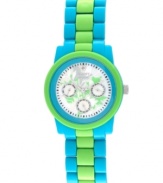 Go all natural with this garden-inspired watch by Sprout. Light blue and lime green corn resin bracelet and round case with mineral crystal. Genuine mother-of-pearl dial features floral design, diamond accent at twelve o'clock, printed black minute track, three multifunctional subdials, silver tone hour and minute hands, sweeping second hand and logo. Quartz movement. Limited lifetime warranty.