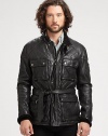 Inspired by a vintage motorcycle jacket, the Jennings Bike Jacket is crafted from supple quilted leather and receives modern updates with a belted waist, reinforced elbow patches and ample utility pockets for storage.Zip frontStand collarChest, waist flap pocketsZippered pocket at sleeveBelted waistFully linedAbout 30 from shoulder to hemLeatherDry cleanImported