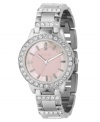 A rosy blush adds feminine fun to this richly elegant watch from Fossil. Silvertone stainless steel bracelet with Swarovski crystal accents. Crystal-accented round bezel. Round pink mother-of-pearl dial with logo and stick indices. Quartz movement. Water resistant to 100 meters. 11-year limited warranty.