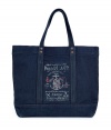 Blue, denim-style canvas tote from iconic American designer Ralph Lauren - Vintage-inspired logo and copper-colored rivits - Large and spacious with two carrying handles, its the perfect companion for shopping, travel or study