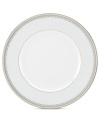 Spun with shimmering platinum, the Belle Haven accent plate by Lenox has all the elegance of white china – with a playful twist! Delicate beading and an extra flourish add to its enchanting style.